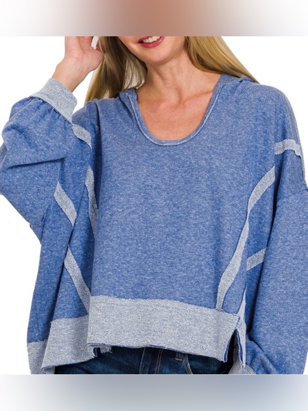 Zenana Outfitters Two-Tone Heathered Hoodie - Dark blue Gray & Light blue Gray